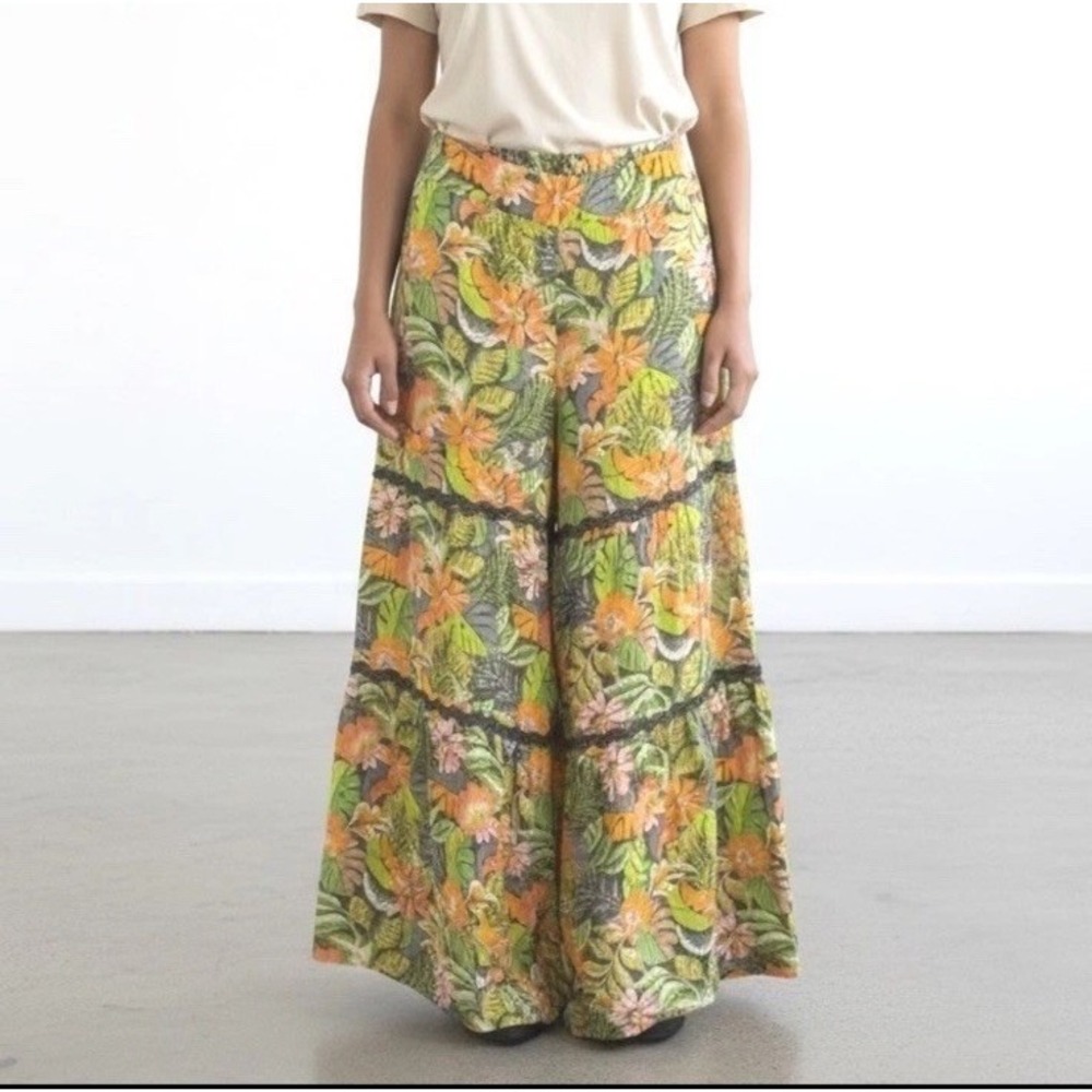 Extreme Wide Leg Tiered Pants 18/20 Green Orange Linen/Rayon Tropical Floral